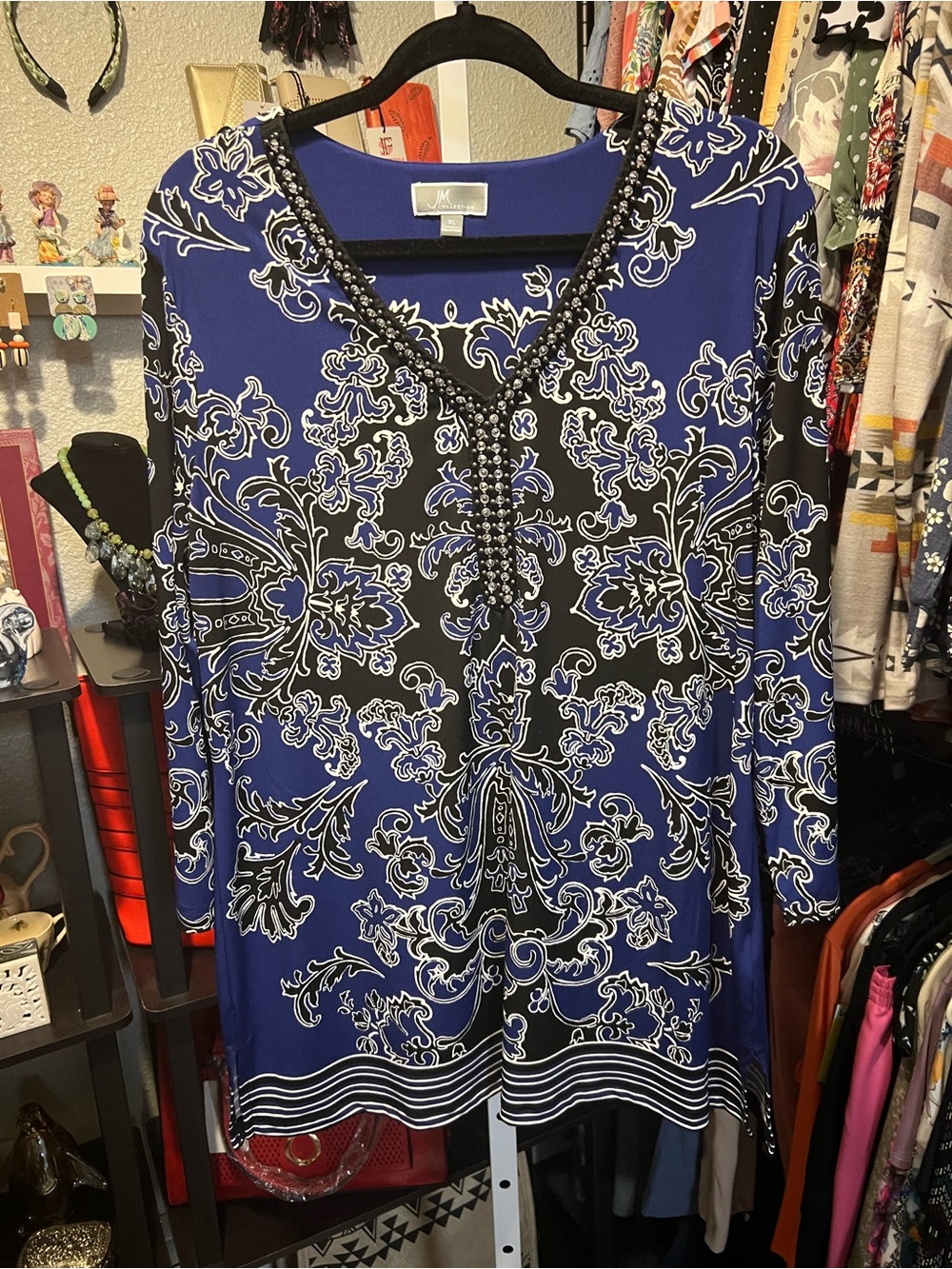 JM Collection Blue and Black Embellished V-Neck Tunic